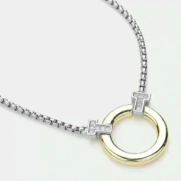 Two Tone w/Pave Crystal Circle Pendant Necklace - Picture 3 of 5